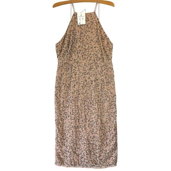 NWT ASOS Drape Back Pencil Dress Iridescent Sequins Beads Blush Midi Women's 10 - Picture 2 of 13